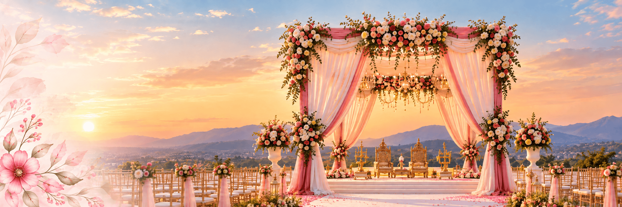 Sunset wedding mandap with floral decoration
