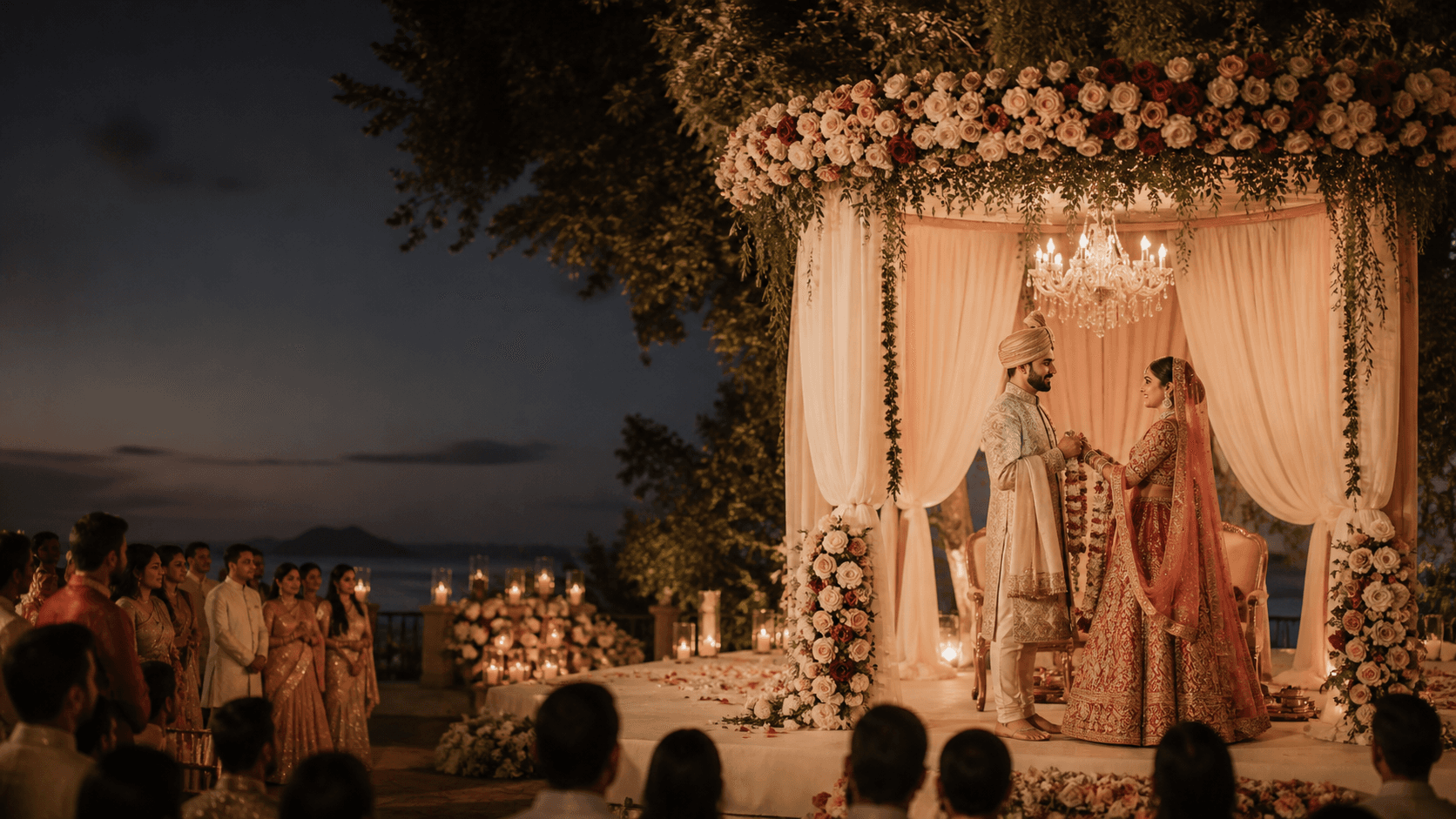 Elegant Indian wedding ceremony at a floral mandap